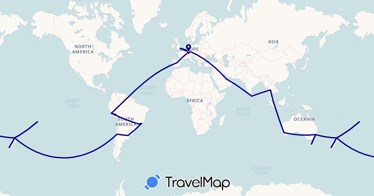 TravelMap itinerary: driving in Argentina, Australia, Brazil, Cook Islands, Chile, Germany, Spain, United Kingdom, Sri Lanka, New Zealand, Peru, Qatar, Singapore, Thailand (Asia, Europe, Oceania, South America)